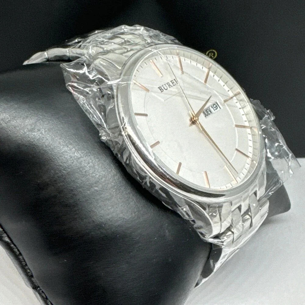 Burei S-13001M Men's Silver Stainless Steel Analog White Dial Quartz Watch JNA48